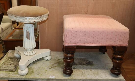 A Victorian dressing stool and a painted revolving piano stool